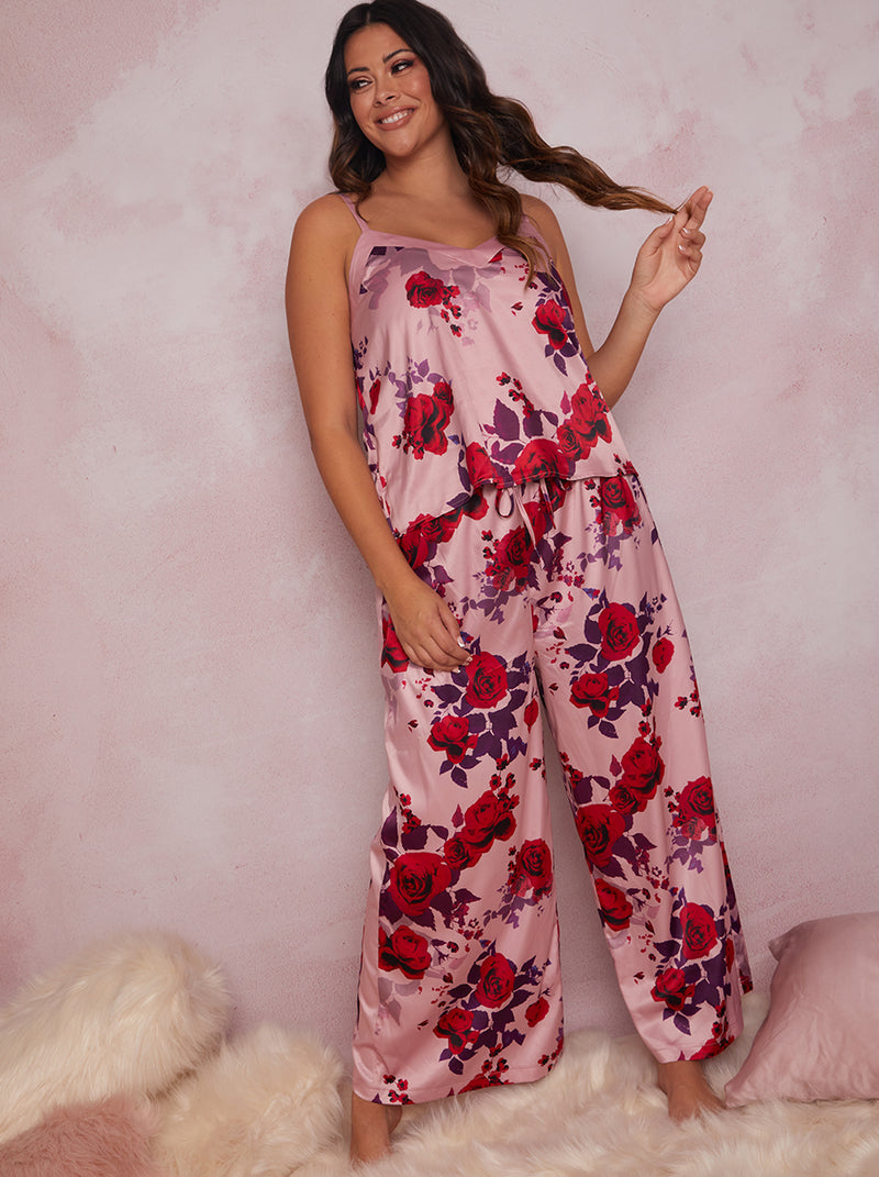 Plus Size Floral Print Cami Pyjama Set in Pink