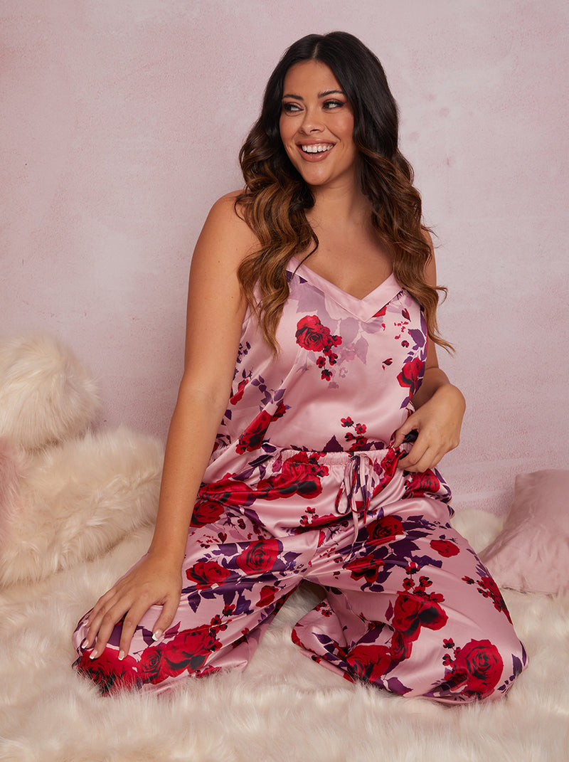 Plus Size Floral Print Cami Pyjama Set in Pink