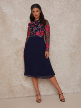 Floral Embroidered Midi Dress in Navy
