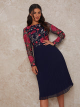 Floral Embroidered Midi Dress in Navy
