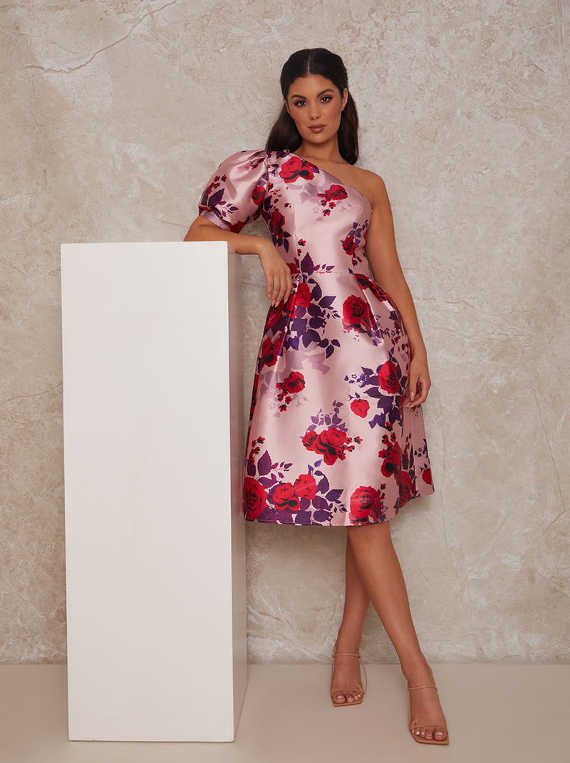 One Shoulder Puff Sleeve Floral Midi Dress in Pink
