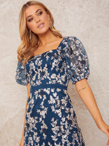 Square Neck Puff Sleeve Embroidered Mini Dress in Teal
