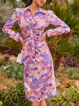 Ruched Abstract Print Shirt Dress in Purple
