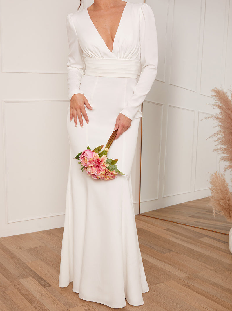 Petite Long Sleeve Plunge Open Back Wedding Dress in White
