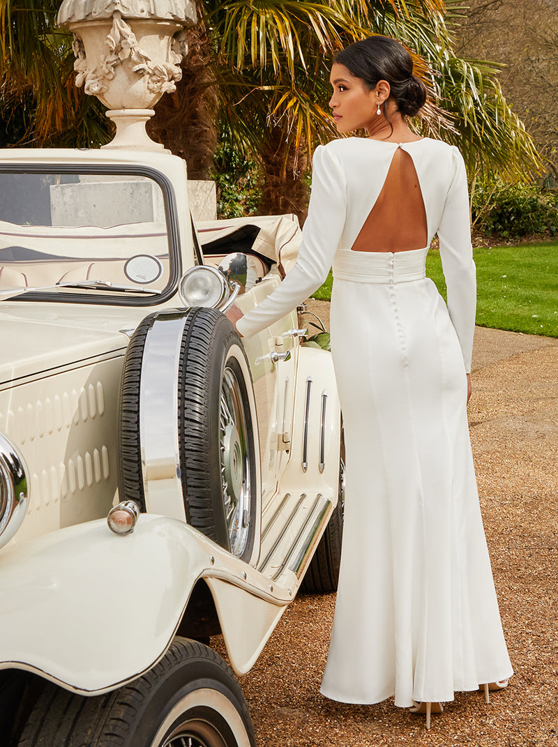 Long Sleeve Plunge Open Back Wedding Dress in White