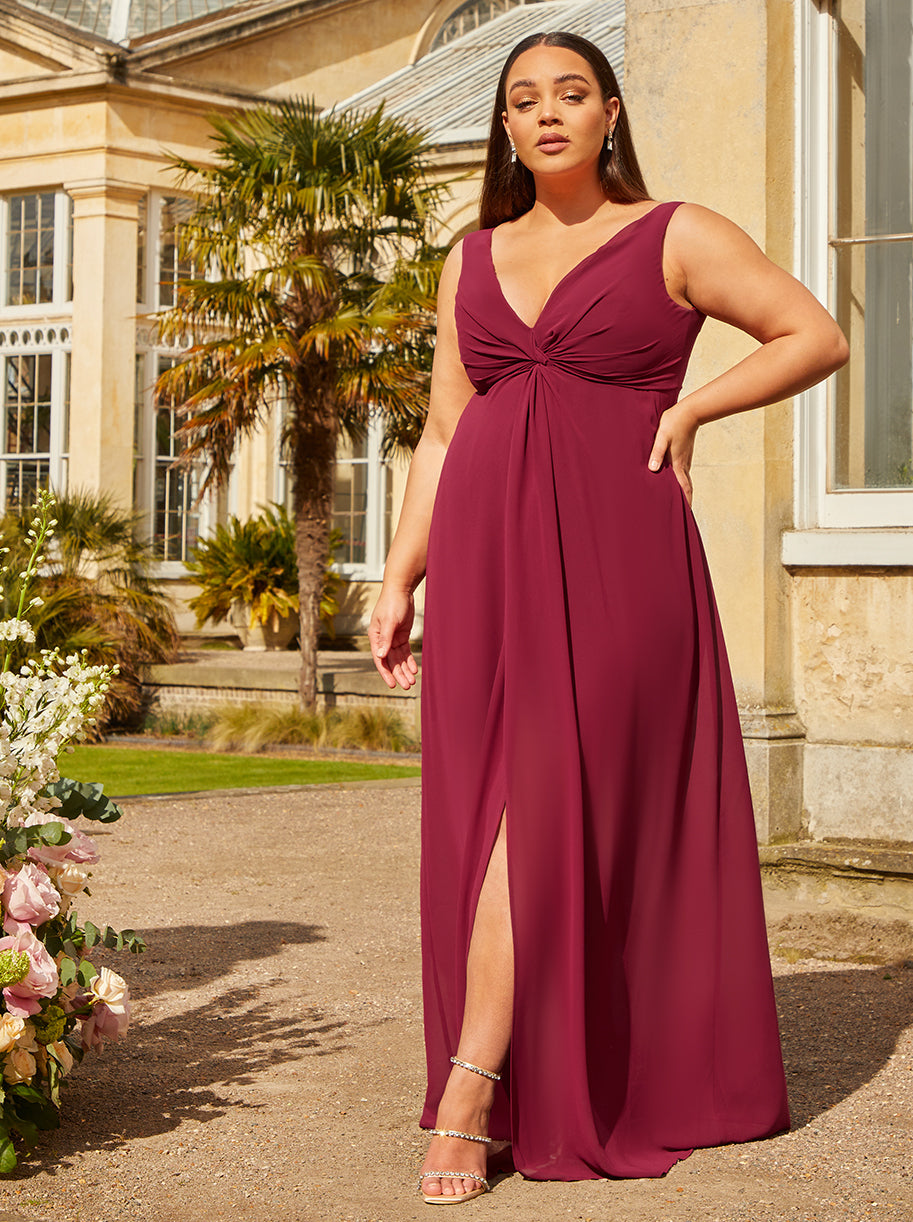 Plus Size Knot Detail Maxi Dress in Wine – Chi Chi London
