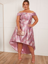 Plus Size Watercolour Print Bardot Dip Hem Dress in Pink