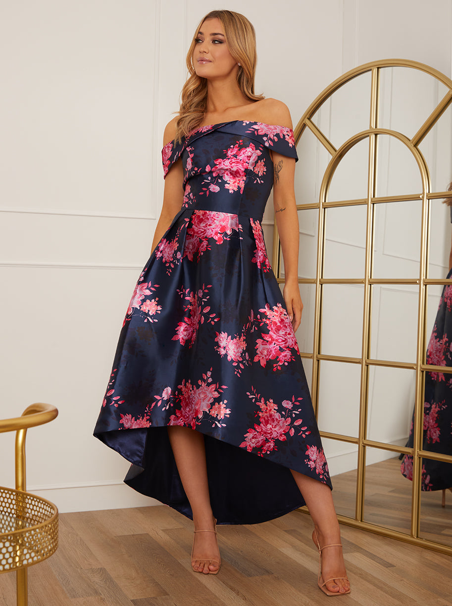 Bardot Floral Dip Hem Dress in Navy – Chi Chi London