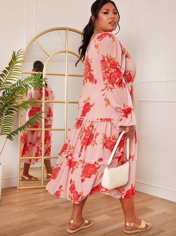 Plus Size Long Sleeve Floral Printed Midi Dress in Pink