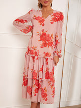 Long Sleeve Floral Printed Midi Dress in Pink