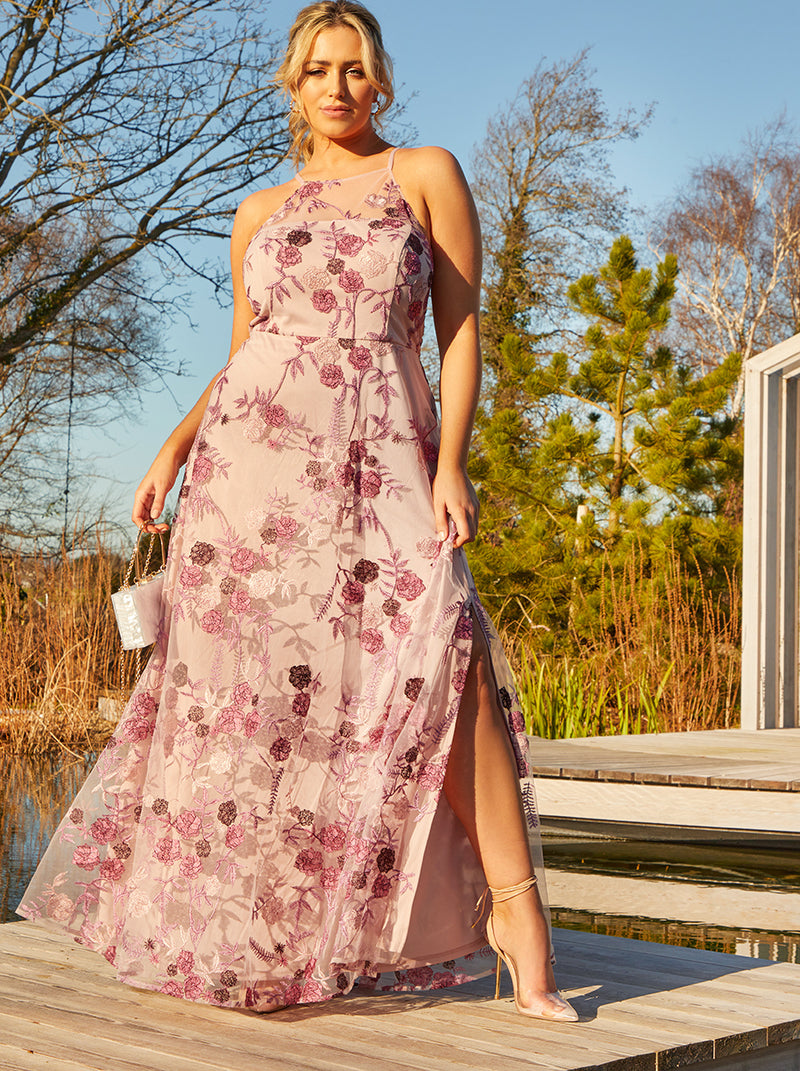 Plus Size Sleeveless Embroidered Maxi Dress in Pink