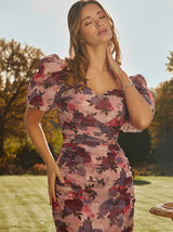Sweetheart Ruched Floral Bodycon Dress in Pink