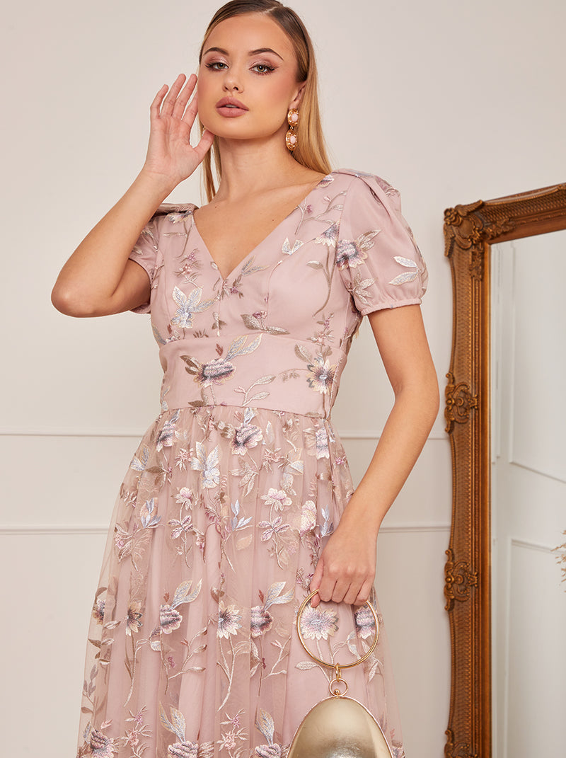 Petite Short Sleeve Floral Embroidered Midi Dress in Pink