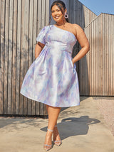 Plus Size One-Shoulder Puff Sleeve Watercolour Print Dress in Lilac