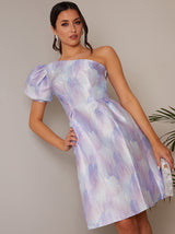 One-Shoulder Puff Sleeve Watercolour Print Dress in Lilac