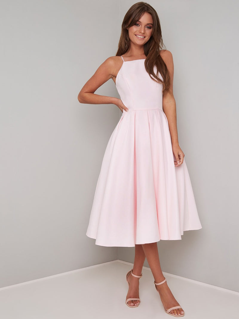 Cami Strap Plain Midi Dress in Pink
