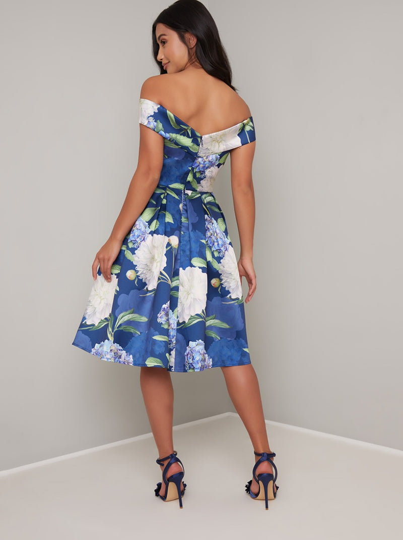 Floral Printed Petite Midi Dress in Blue