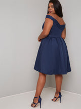 Fold-Over Curve Bardot Midi Dress in Blue