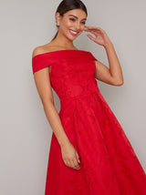 Bardot Neckline Embroidered Midi Dip Hem Dress in Red