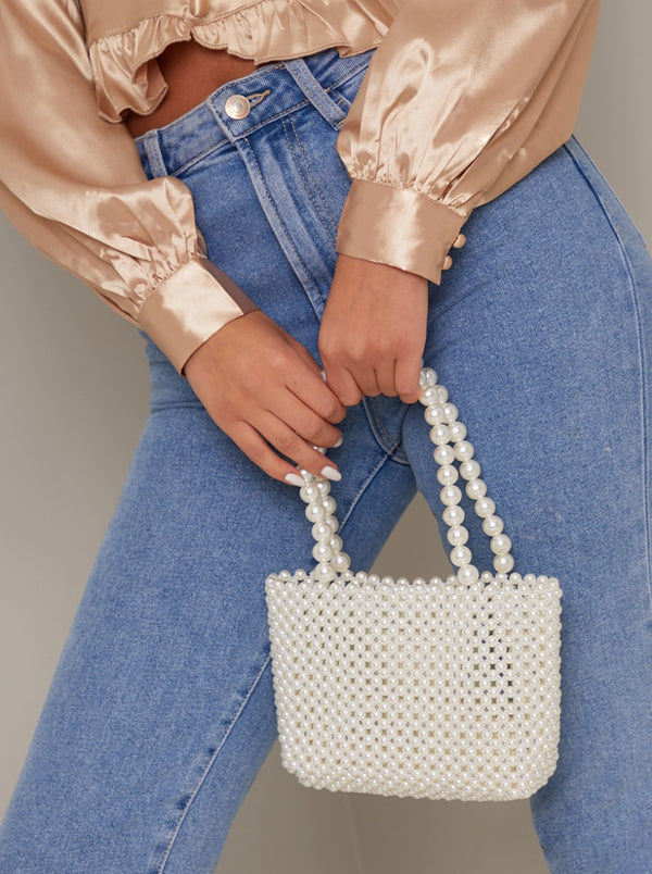 Double Strap Pearl Detail Handbag in Clear