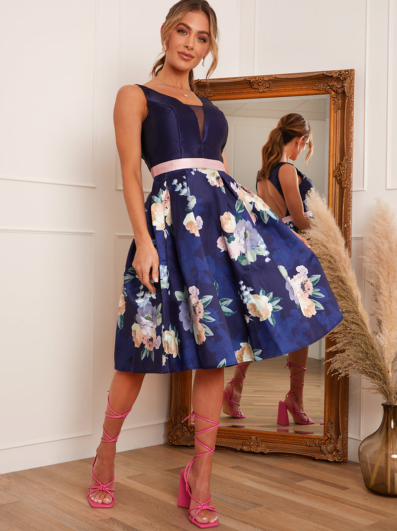 Sleeveless Backless Floral Midi Dress in Navy