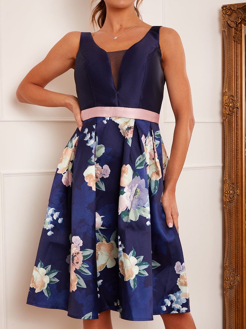 Sleeveless Backless Floral Midi Dress in Navy