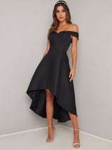 Fold Over Bardot Dip Hem Midi Dress in Black