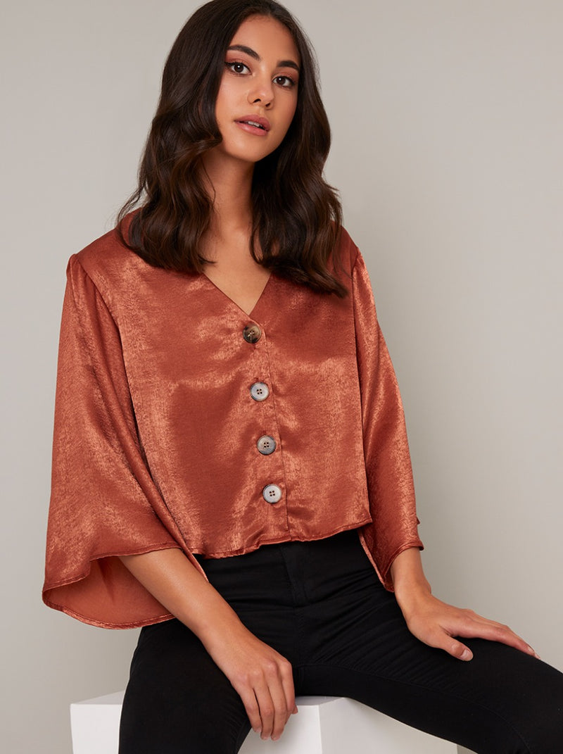 Flare Sleeved Silky Button Shirt in Orange