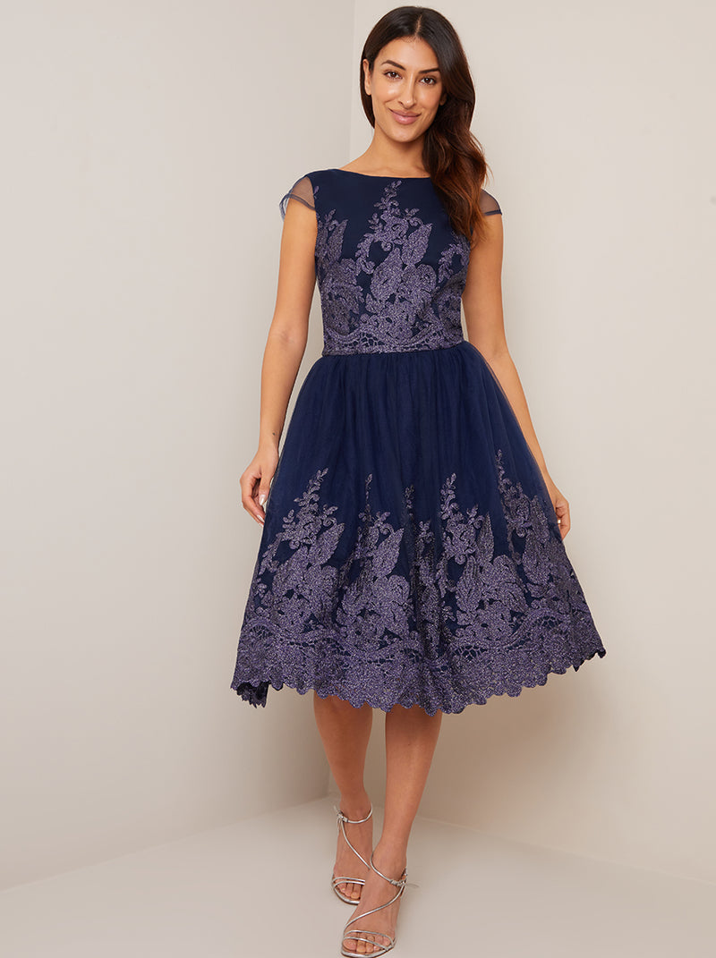 Cap Sleeve Floral Embroidered Skater Dress in Blue