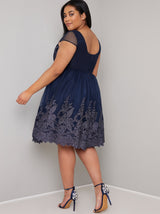 Cap Sleeve Embroidered Bodice Skater Dress in Navy