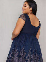 Cap Sleeve Embroidered Bodice Skater Dress in Navy