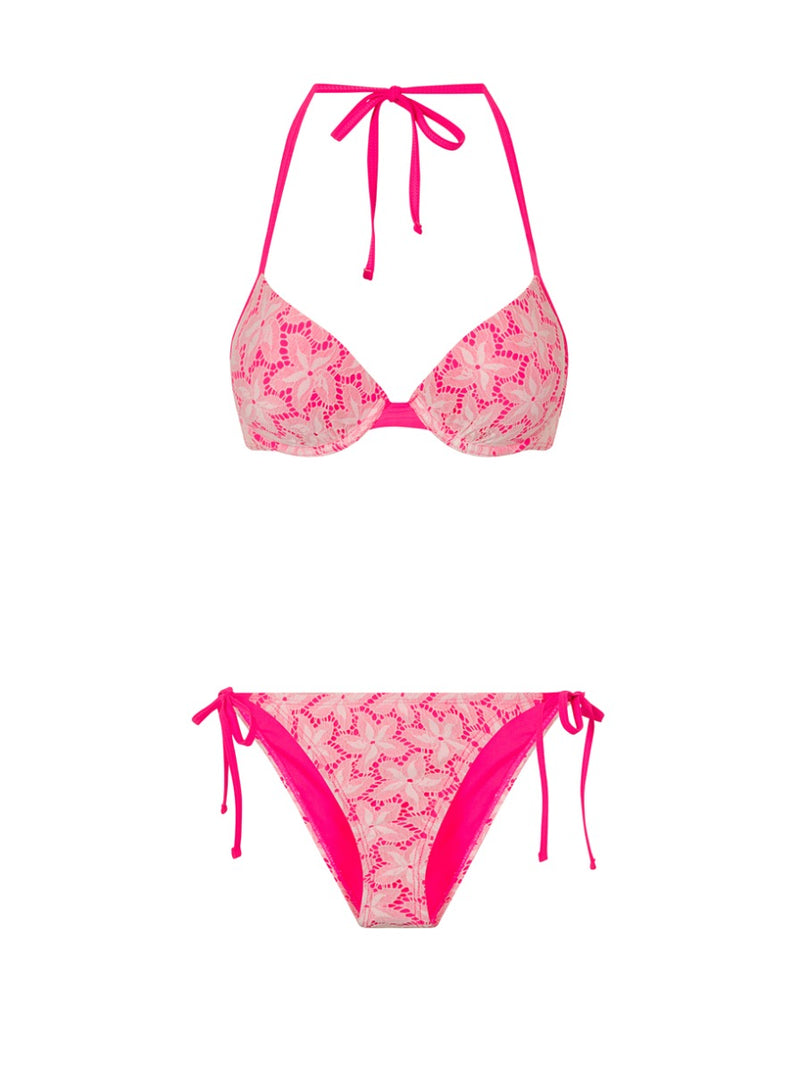 Lace Overly Side Tie Bikini Bottoms in Pink