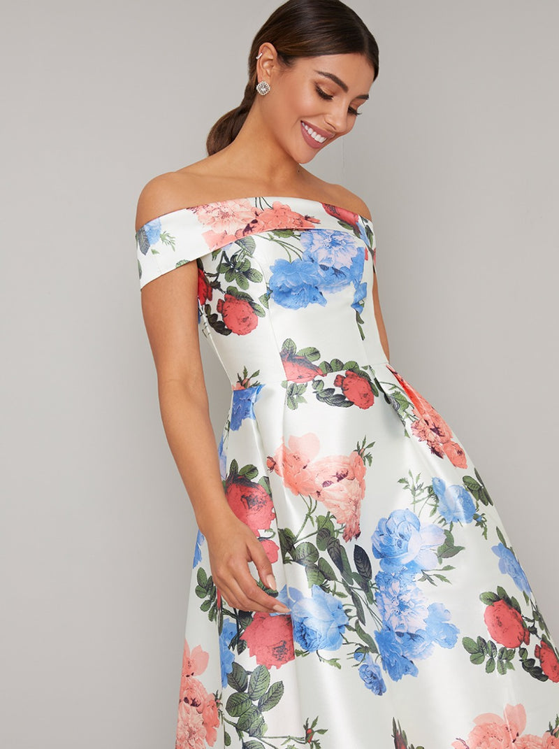 Floral Print Bardot Dip Hem Midi Dress In Multi