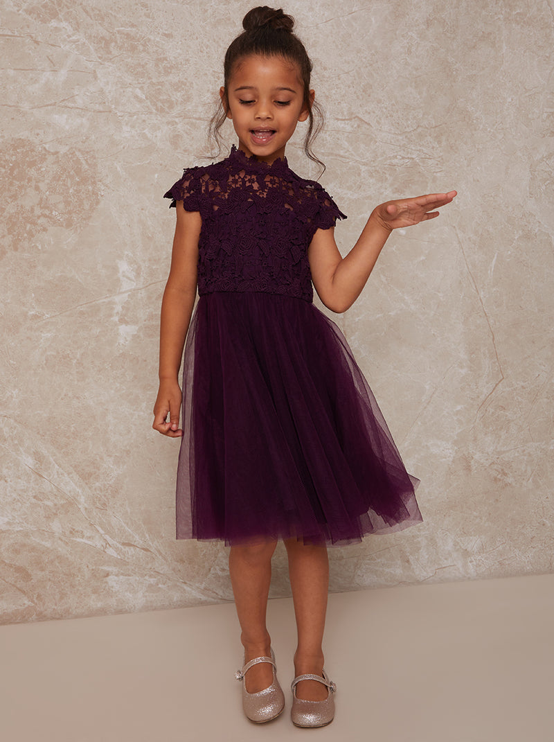 Girls Lace Bodice Cut Out Flower Girl Dress in Berry