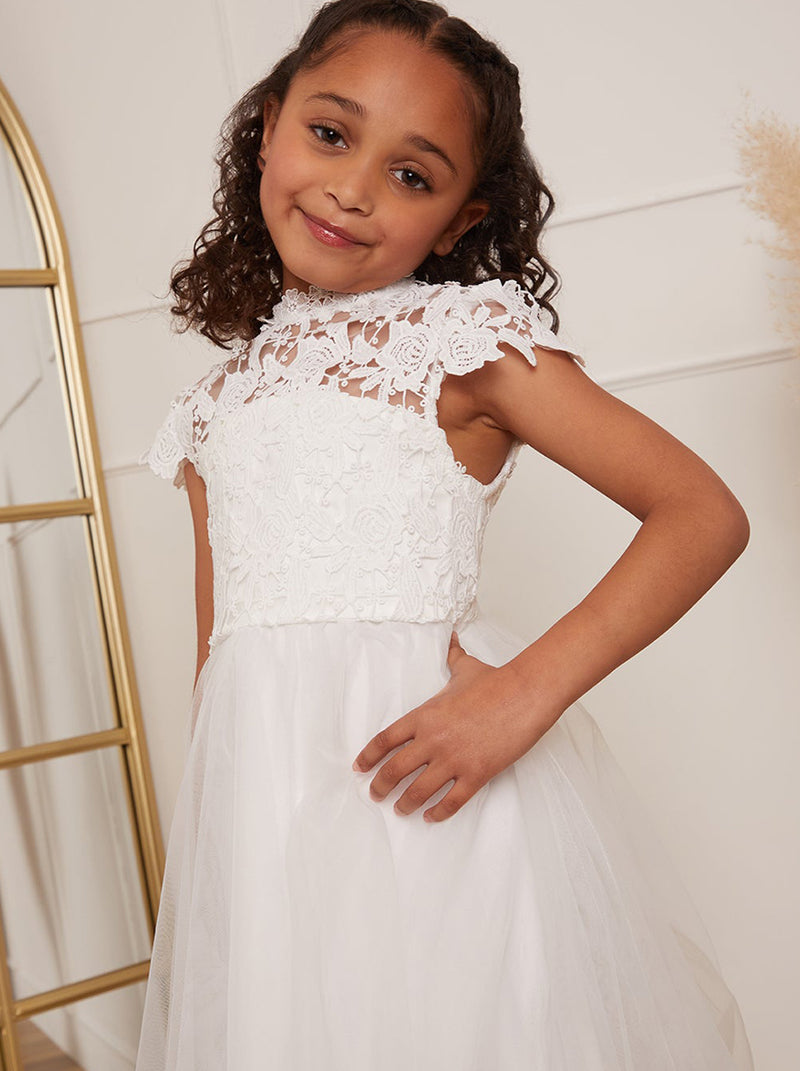 Younger Girls Lace Bodice Tulle Flower girl Dress in White