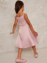Girls Pleat Bodice Satin Finish Dress in Pink