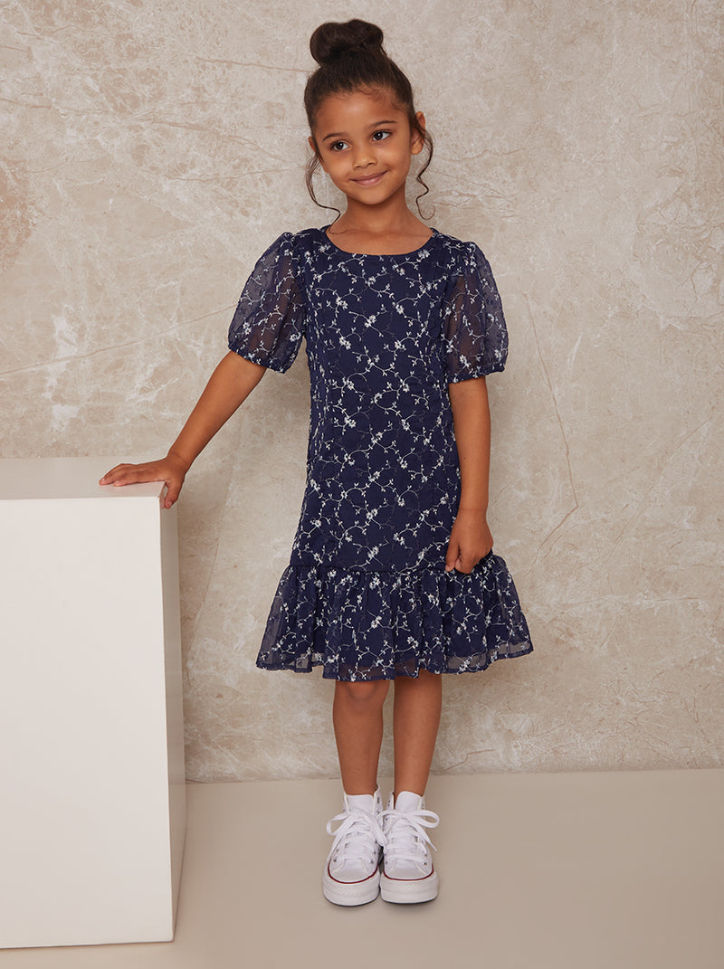 Girls Puff Sleeve Floral Embroidered Midi Dress in Navy