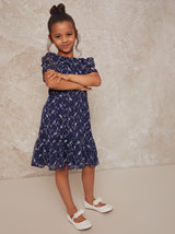 Girls Puff Sleeve Floral Embroidered Midi Dress in Navy