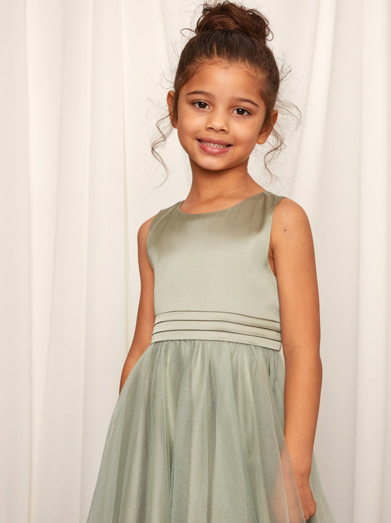 Younger Girls Sleeveless Tulle Midi Dress in Sage