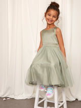 Younger Girls Sleeveless Tulle Midi Dress in Sage