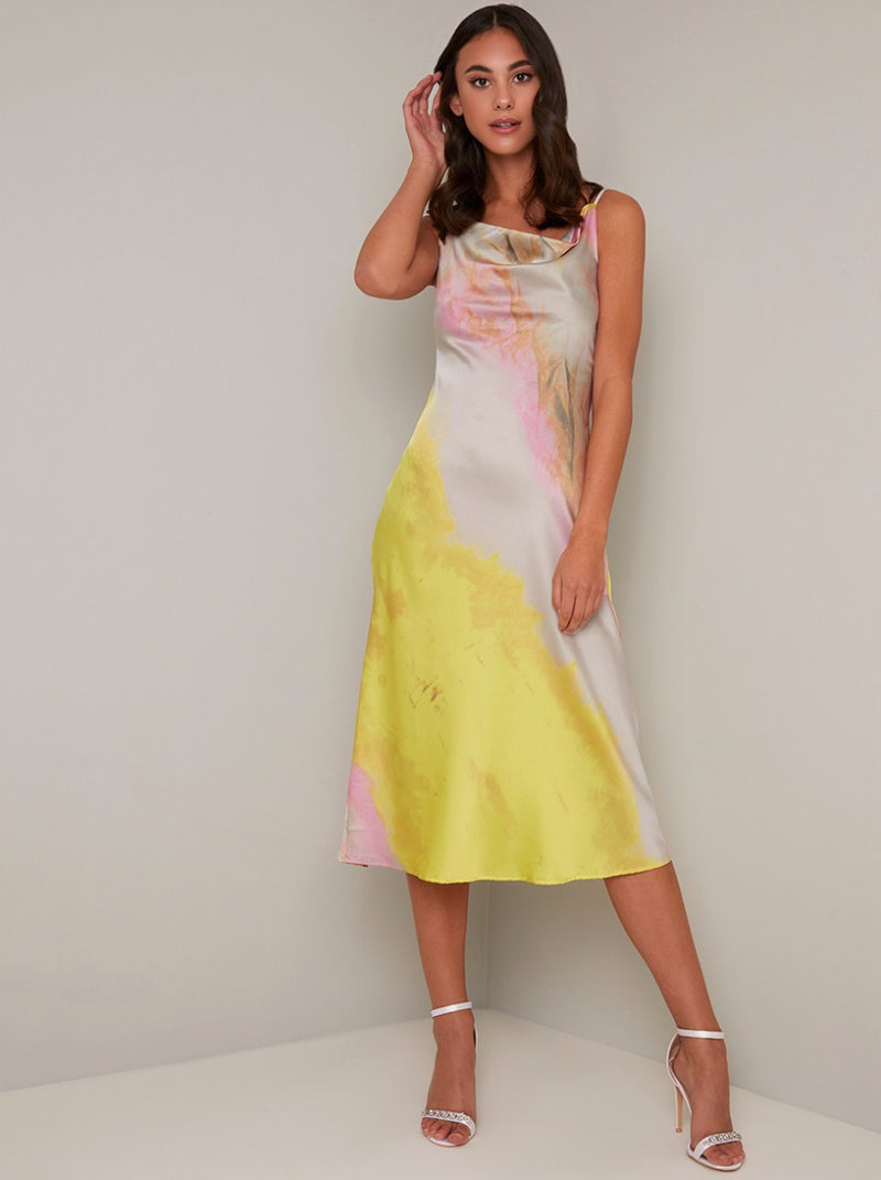 Tie Dye Print Day Dress with Cowl Neckline