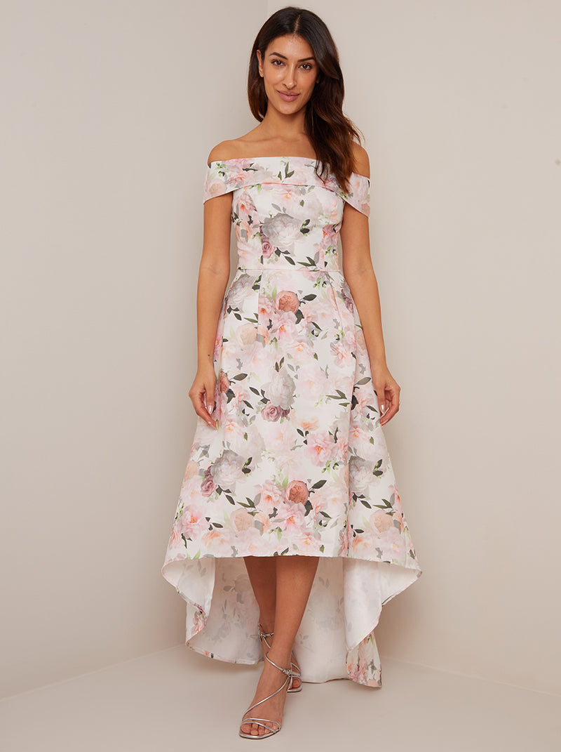 Bardot Floral Print Dip Hem Dress in Blush