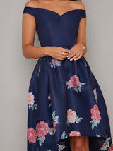 Bardot Neck Floral Dip Hem Midi Dress in Blue