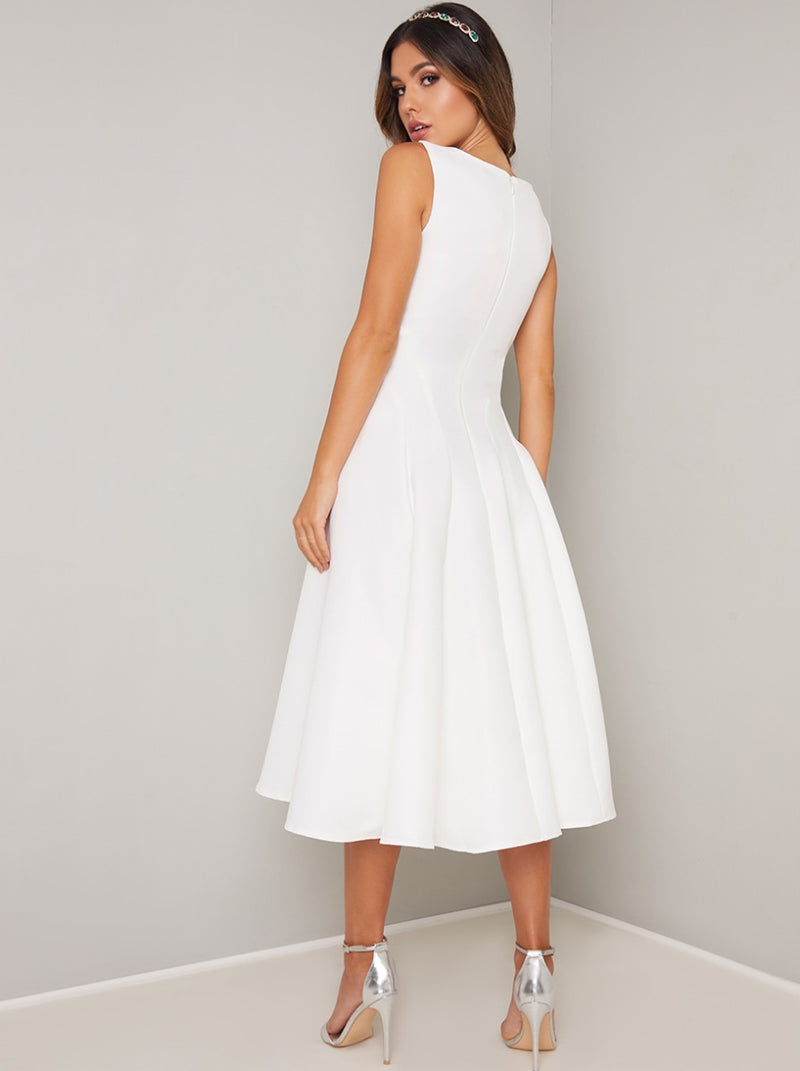 Fitted Bodice Midi Dress in White