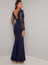 Embroidered Lace Sheer Sleeved Maxi Dress in Blue