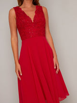 Sequinned Lace Midi Dress in Red
