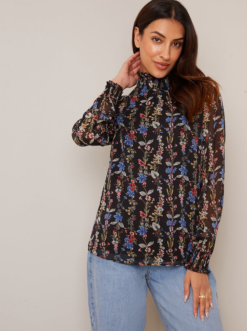 High Neck Long Sleeve Floral Blouse in Black