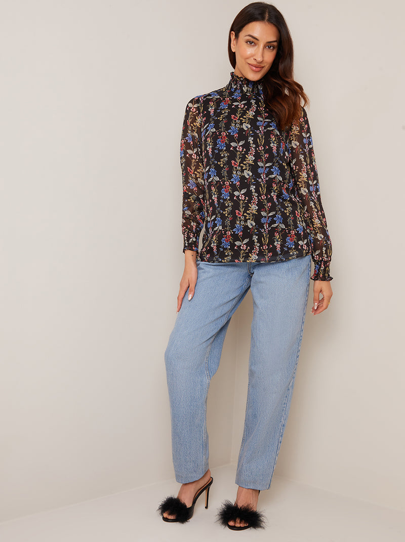 High Neck Long Sleeve Floral Blouse in Black