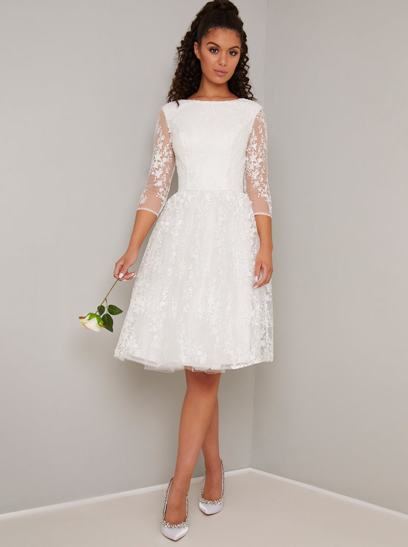 Bridal 3/4 Sleeved Lace Mesh Midi Dress in White