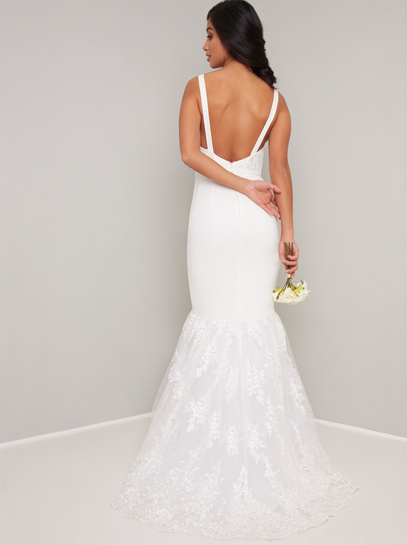 Petite Bridal Lace Fishtail Wedding Dress in White